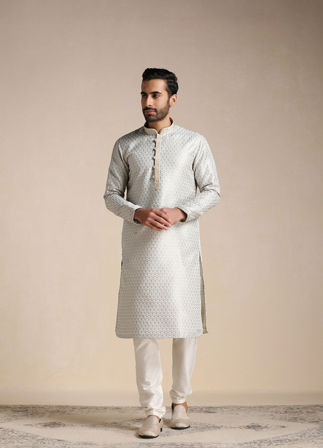 alt message - Manyavar Men Cloud Silver Grey Self-Patterned Kurta Set image number 1